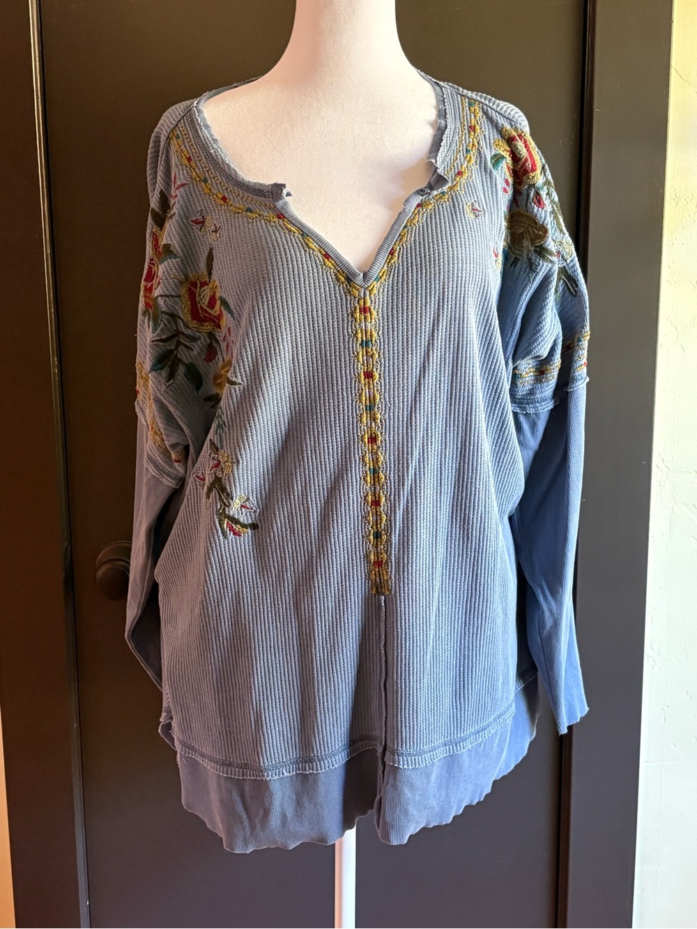 Blue Embroidered Floral Women’s Sundance Thermal Top - Relaxed V-Neck